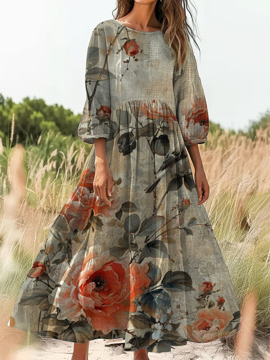 Retro boho virágos nyomtatás vintage elegáns kerek nyak pamut hosszú ujjú midi ruha