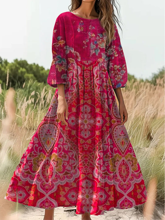 Retro boho virágos nyomtatás vintage elegáns kerek nyak pamut hosszú ujjú midi ruha