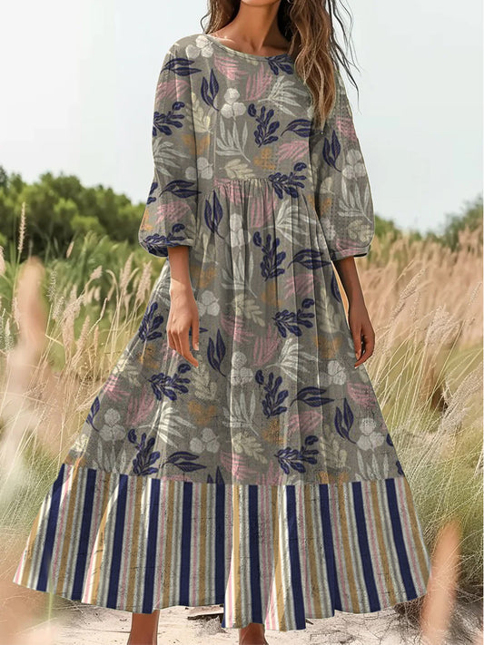 Retro boho virágos nyomtatás vintage elegáns kerek nyak pamut hosszú ujjú midi ruha