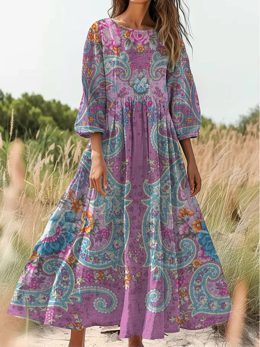 Retro boho virágos nyomtatás vintage elegáns kerek nyak pamut hosszú ujjú midi ruha