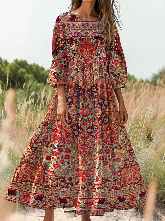 Retro boho virágos nyomtatás vintage elegáns kerek nyak pamut hosszú ujjú midi ruha