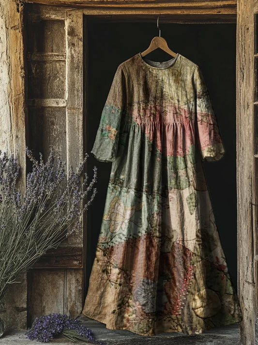 Retro boho virágos nyomtatás vintage elegáns kerek nyak pamut hosszú ujjú midi ruha