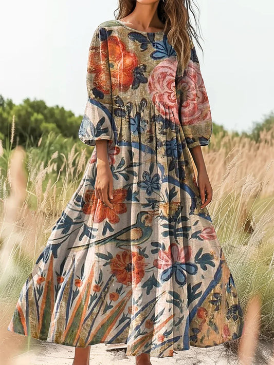 Retro boho virágos nyomtatás vintage elegáns kerek nyak pamut hosszú ujjú midi ruha