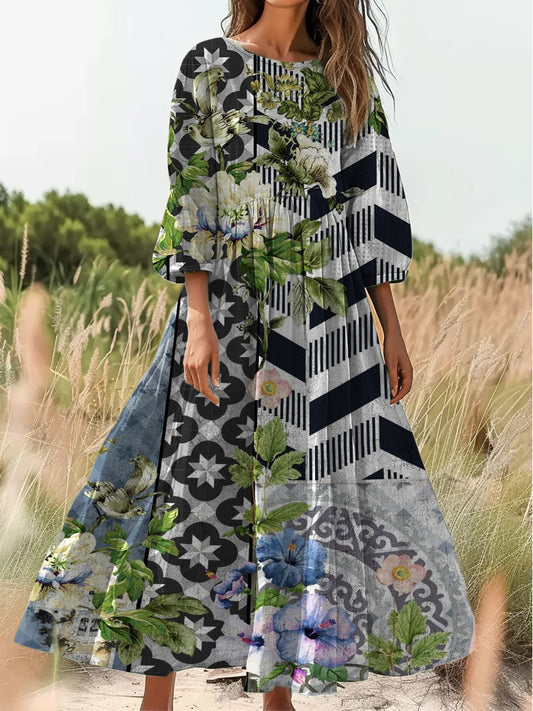 Retro boho virágos nyomtatás vintage elegáns kerek nyak pamut hosszú ujjú midi ruha