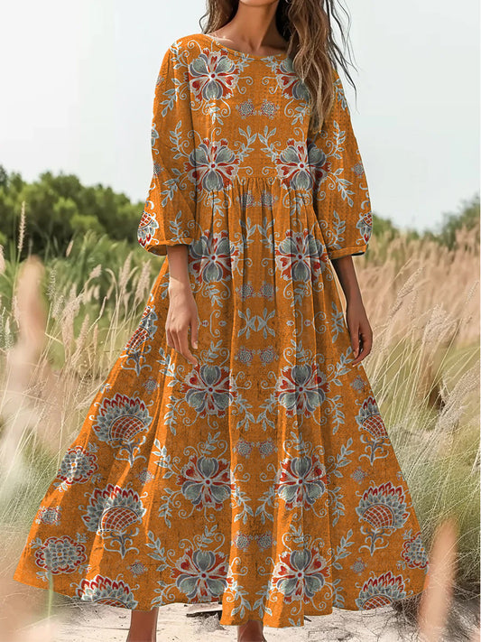 Retro boho virágos nyomtatás vintage elegáns kerek nyak pamut hosszú ujjú midi ruha