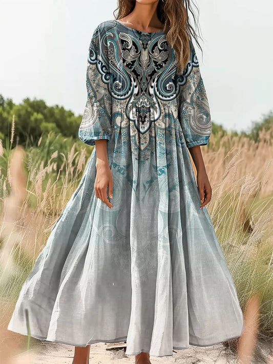 Retro boho virágos nyomtatás vintage elegáns kerek nyak pamut hosszú ujjú midi ruha