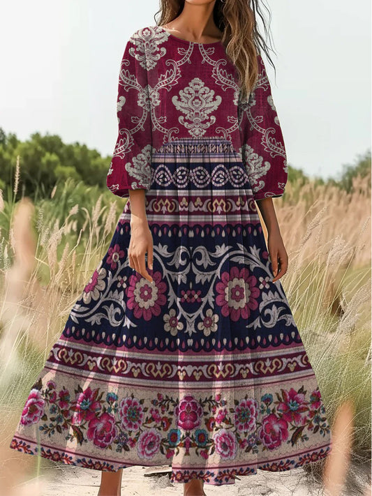 Retro boho virágos nyomtatás vintage elegáns kerek nyak pamut hosszú ujjú midi ruha