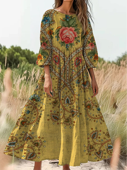 Retro boho virágos nyomtatás vintage elegáns kerek nyak pamut hosszú ujjú midi ruha