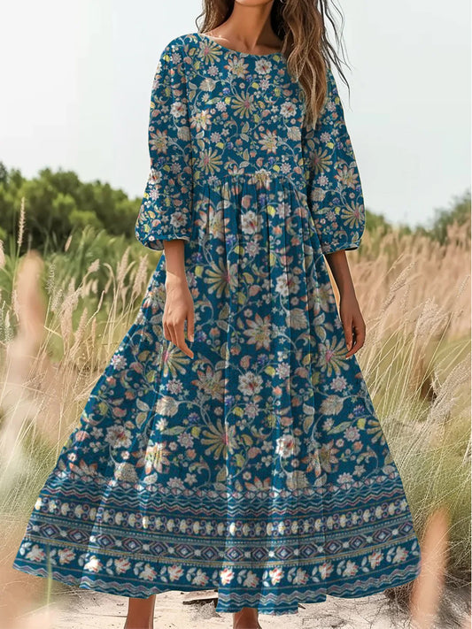 Retro boho virágos nyomtatás vintage elegáns kerek nyak pamut hosszú ujjú midi ruha