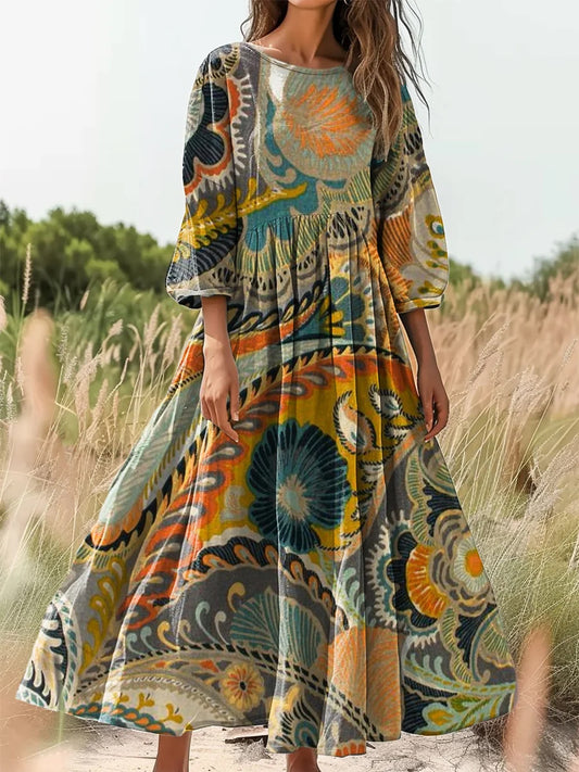 Retro boho virágos nyomtatás vintage elegáns kerek nyak pamut hosszú ujjú midi ruha