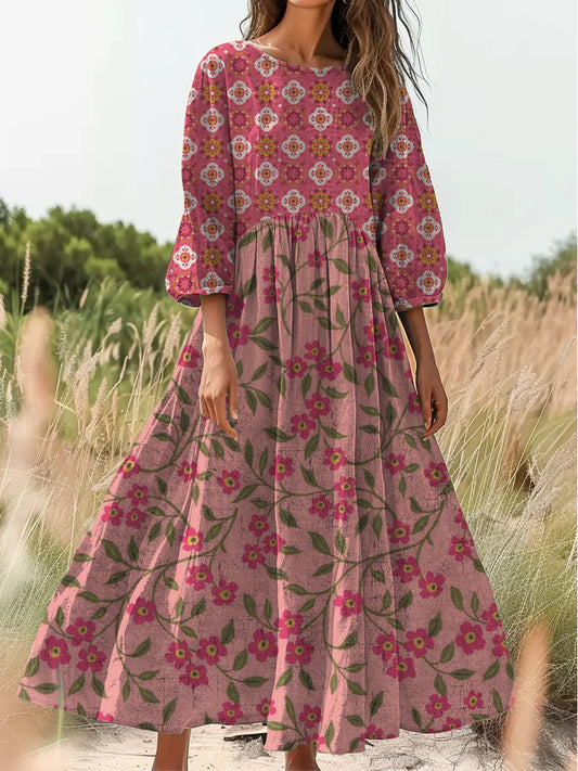Retro boho virágos nyomtatás vintage elegáns kerek nyak pamut hosszú ujjú midi ruha