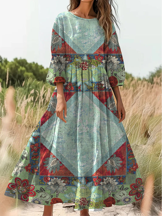 Retro boho virágos nyomtatás vintage elegáns kerek nyak pamut hosszú ujjú midi ruha