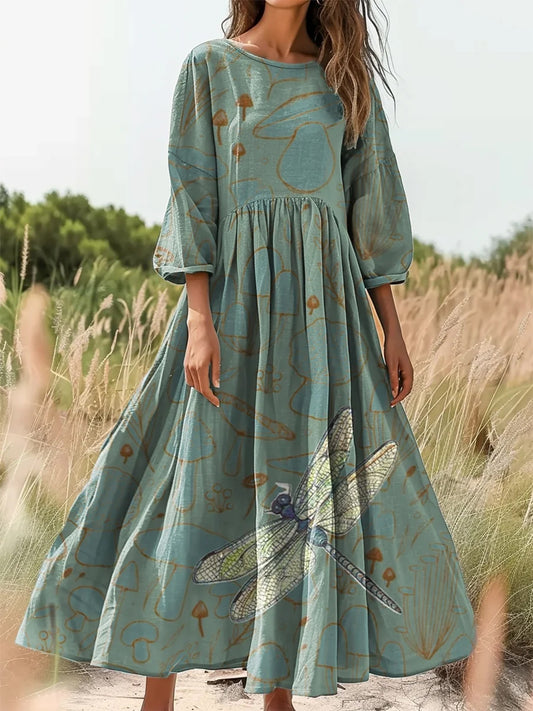 Retro boho virágos nyomtatás vintage elegáns kerek nyak pamut hosszú ujjú midi ruha