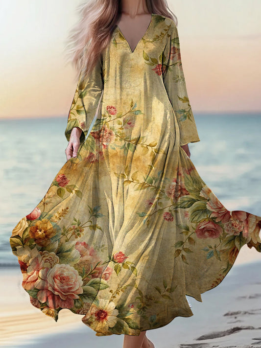 Retro boho virágos applique print vintage elegáns v-nyak pamut hosszú ujjú midi ruha