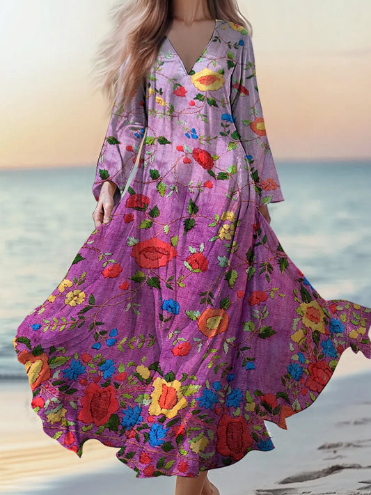 Retro boho virágos applique print vintage elegáns v-nyak pamut hosszú ujjú midi ruha