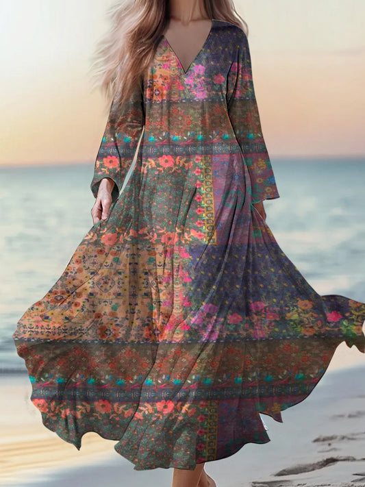 Retro boho virágos applique print vintage elegáns v-nyak pamut hosszú ujjú midi ruha