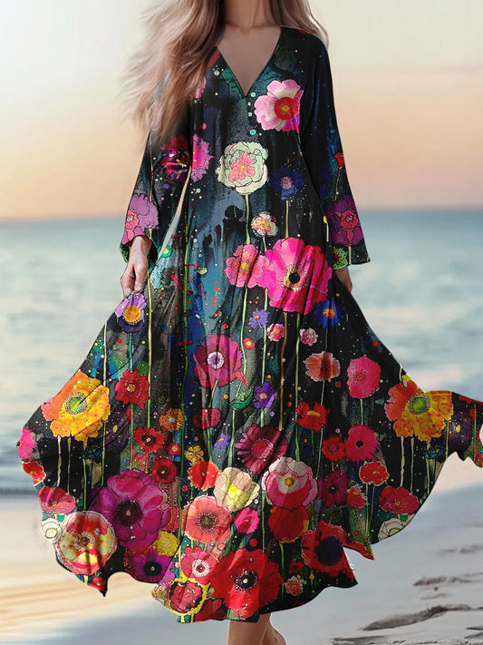 Retro boho virágos applique print vintage elegáns v-nyak pamut hosszú ujjú midi ruha