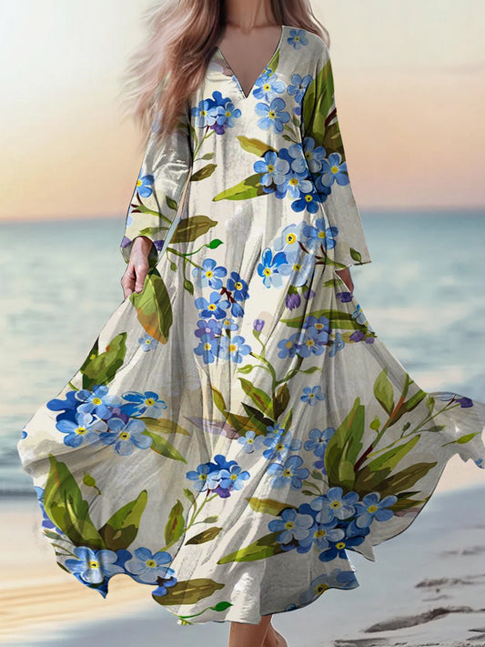 Retro boho virágos applique print vintage elegáns v-nyak pamut hosszú ujjú midi ruha