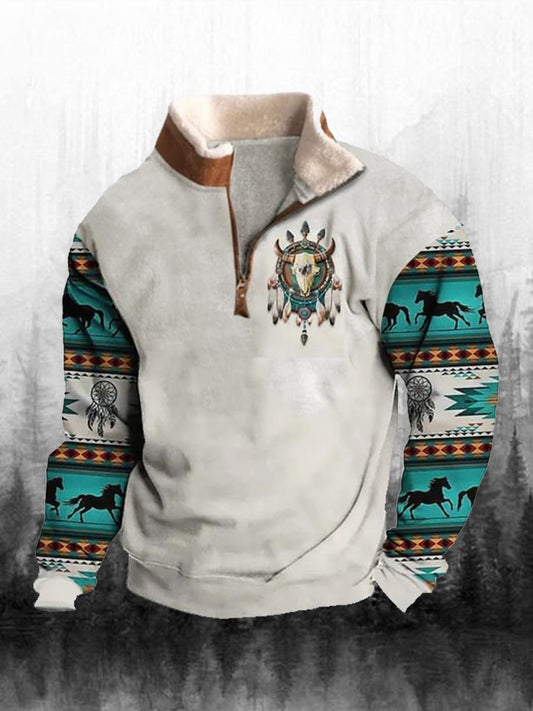 Férfi retro western nyomtatás alkalmi zip top