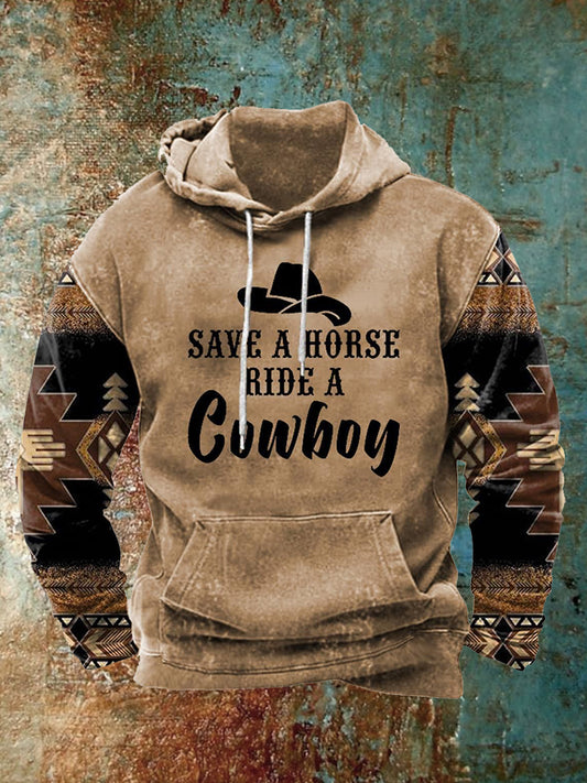 Férfi retro western nyomtatás alkalmi csuklyás pulóver