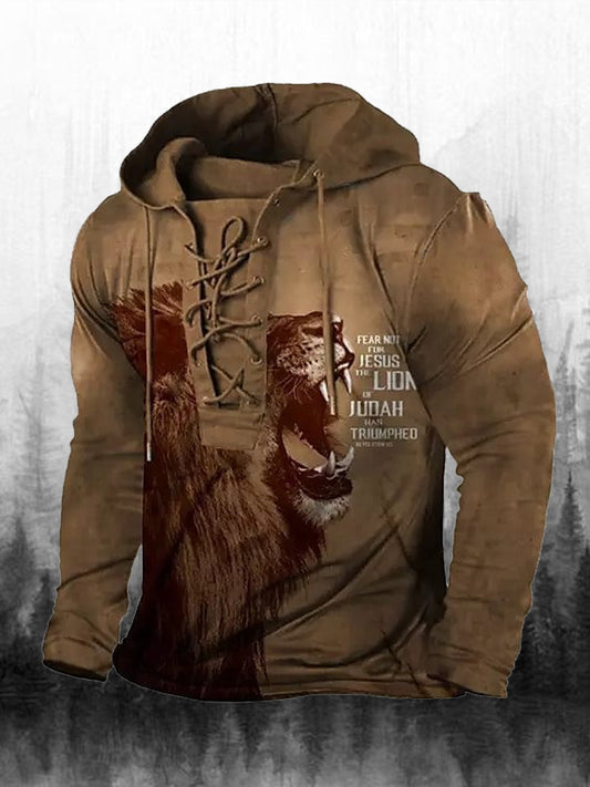 Férfi retro nyomtatás alkalmi hosszú ujjú csuklyás pulóver felső