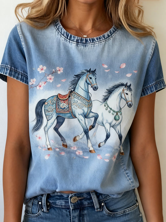 Női vintage art állat nyomtatás kényelmes póló