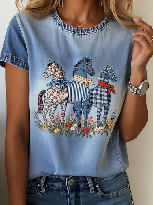 Női vintage art állat nyomtatás kényelmes póló