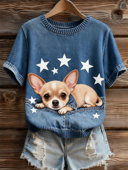 Női művészi állat nyomtatás kényelmes kötött rövid ujjú felső