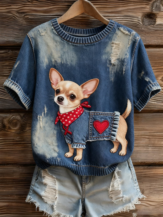 Női művészi állat nyomtatás kényelmes kötött rövid ujjú felső