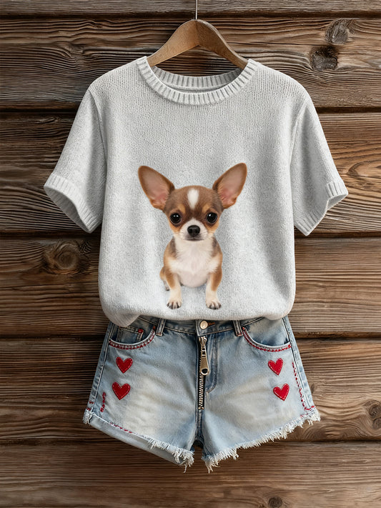 Női művészi állat nyomtatás kényelmes kötött rövid ujjú felső