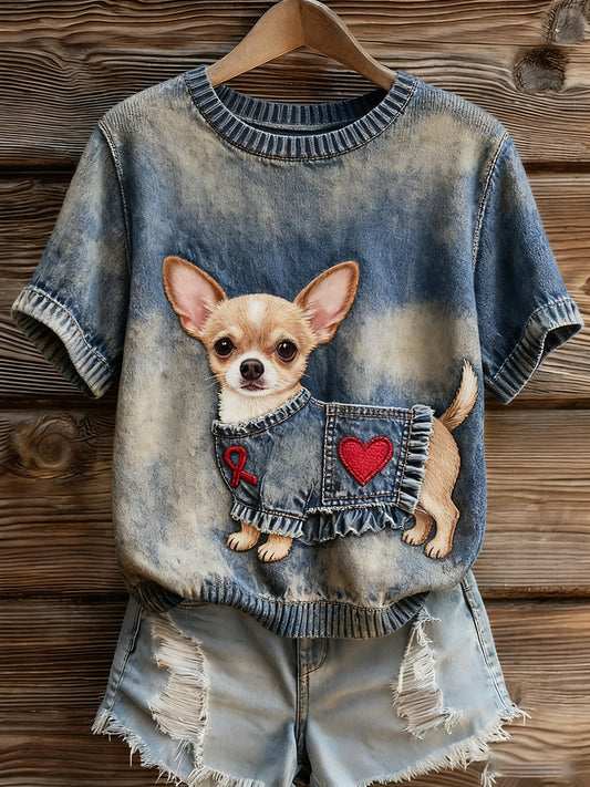 Női művészi állat nyomtatás kényelmes kötött rövid ujjú felső