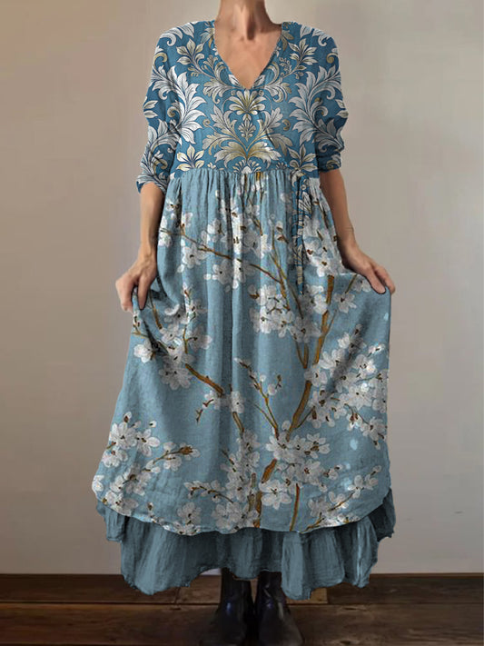 Retro boho virágos nyomtatás vintage v-nyak dupla hemline pamut hosszú ujjú midi ruha