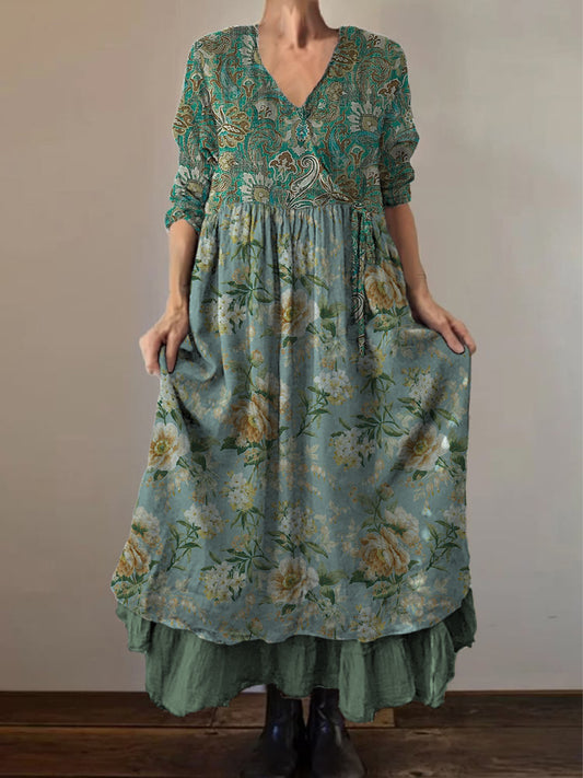 Retro boho virágos nyomtatás vintage v-nyak dupla hemline pamut hosszú ujjú midi ruha