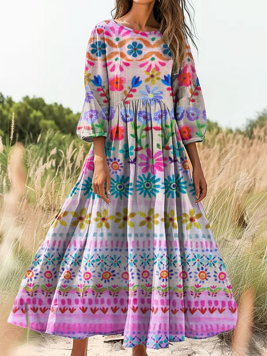 Retro boho virágos botanika nyomtatás vintage elegáns kerek nyak pamut hosszú ujjú midi ruha