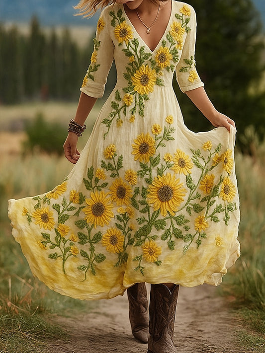 Retro virág művészet nyomtatás vintage v-nyak hosszú ujjú pamut maxi ruha