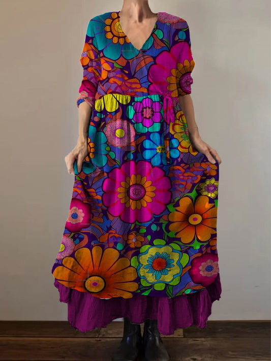 Retro boho virágos nyomtatás vintage v-nyak dupla hemline pamut hosszú ujjú midi ruha