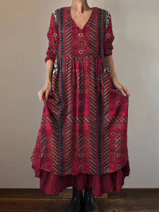 Retro boho virágos nyomtatás vintage v-nyak dupla hemline pamut hosszú ujjú midi ruha