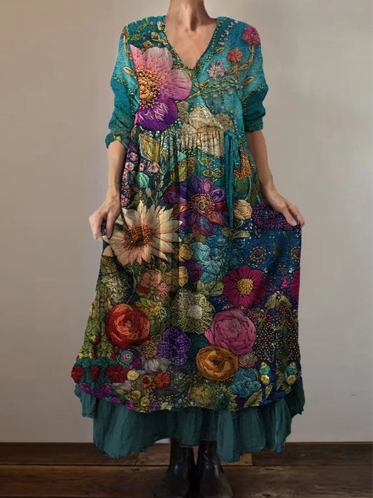 Retro boho virágos nyomtatás vintage v-nyak dupla hemline pamut hosszú ujjú midi ruha