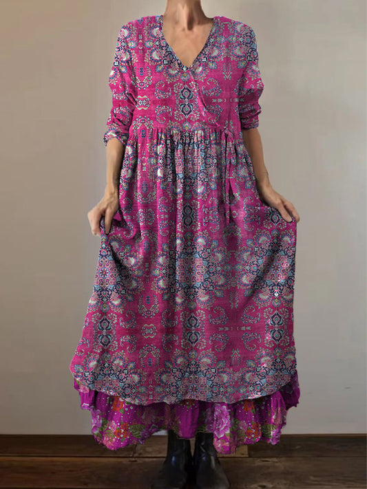 Retro boho virágos nyomtatás vintage v-nyak dupla hemline pamut hosszú ujjú midi ruha