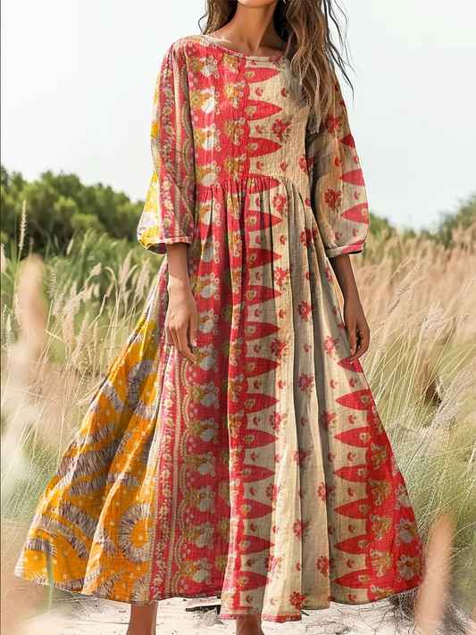 Retro boho virágos botanika nyomtatás vintage elegáns kerek nyak pamut hosszú ujjú midi ruha