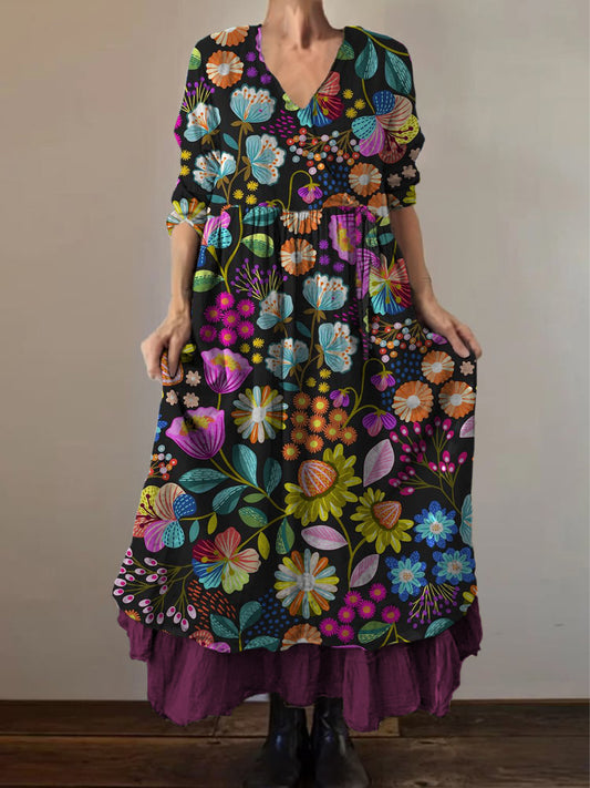 Retro boho virágos nyomtatás vintage v-nyak dupla hemline pamut hosszú ujjú midi ruha