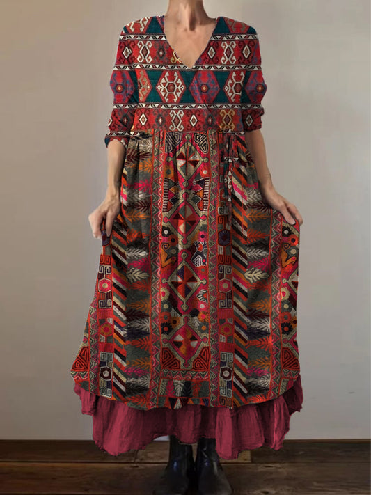 Retro boho virágos nyomtatás vintage v-nyak dupla hemline pamut hosszú ujjú midi ruha