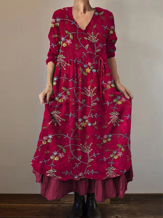 Retro boho virágos nyomtatás vintage v-nyak dupla hemline pamut hosszú ujjú midi ruha