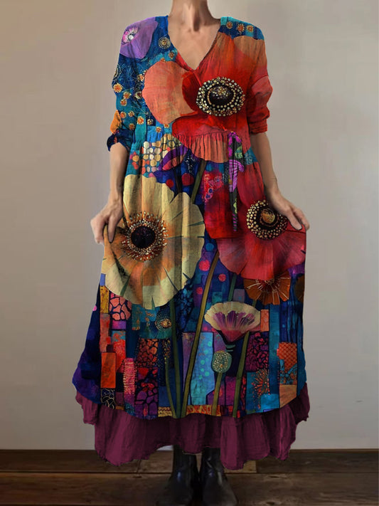 Retro boho virágos nyomtatás vintage v-nyak dupla hemline pamut hosszú ujjú midi ruha