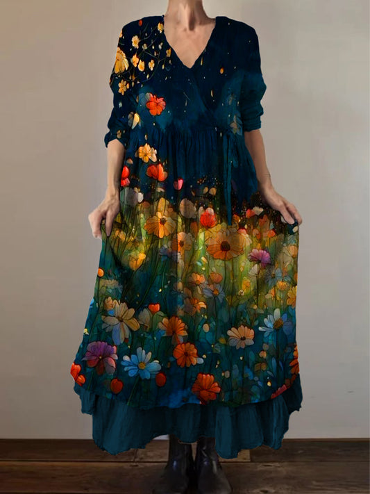 Retro boho virágos nyomtatás vintage v-nyak dupla hemline pamut hosszú ujjú midi ruha