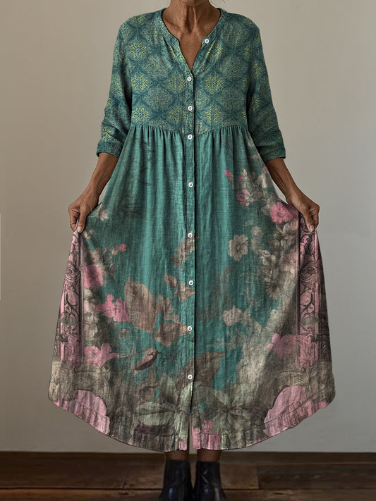 Retro boho virág művészet nyomtatás vintage elegáns v-nyak gomb fel hosszú ujjú midi ruha