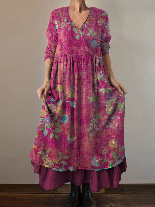 Retro boho virágos nyomtatás vintage v-nyak dupla hemline pamut hosszú ujjú midi ruha