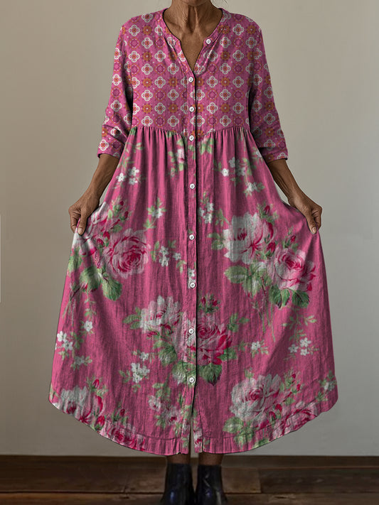 Retro boho virág művészet nyomtatás vintage elegáns v-nyak gomb fel hosszú ujjú midi ruha