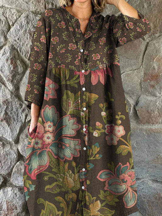 Retro boho virág művészet nyomtatás vintage elegáns v-nyak gomb fel hosszú ujjú midi ruha