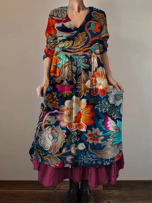 Retro boho virágos etnikai nyomtatás vintage v-nyak dupla hemline pamut hosszú ujjú midi ruha